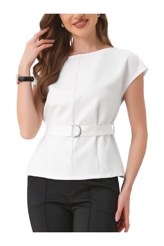 Cap Sleeve Dressy Top for Women's Boat Neck Office Work Belted Peplum Tops M White