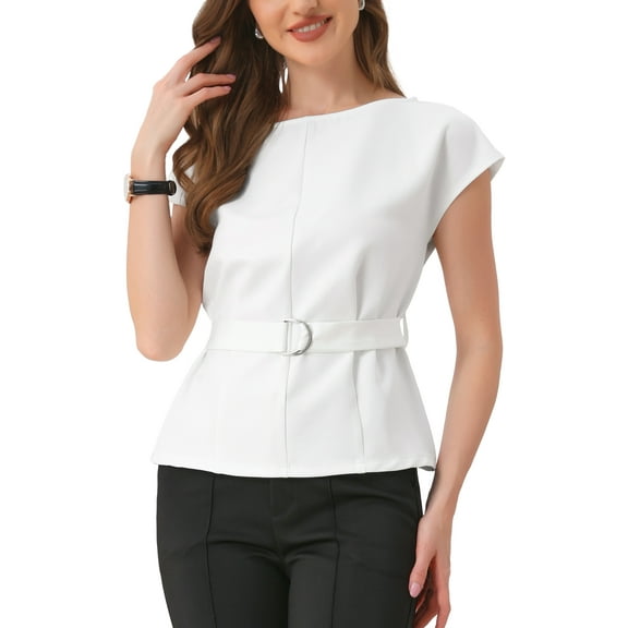 INSPIRE CHIC Cap Sleeve Dressy Top for Women's Boat Neck Office Work Belted Peplum Tops S White