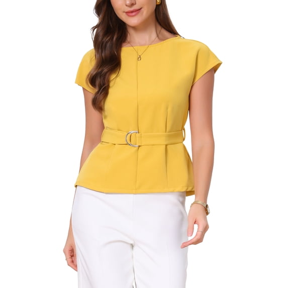 INSPIRE CHIC Cap Sleeve Dressy Top for Women's Boat Neck Office Work Belted Peplum Tops S Yellow