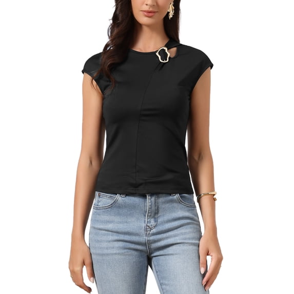 INSPIRE CHIC Cap Sleeve Tops for Women's Dressy Casual Crew Neck Slim Fit T Shirts XS Black