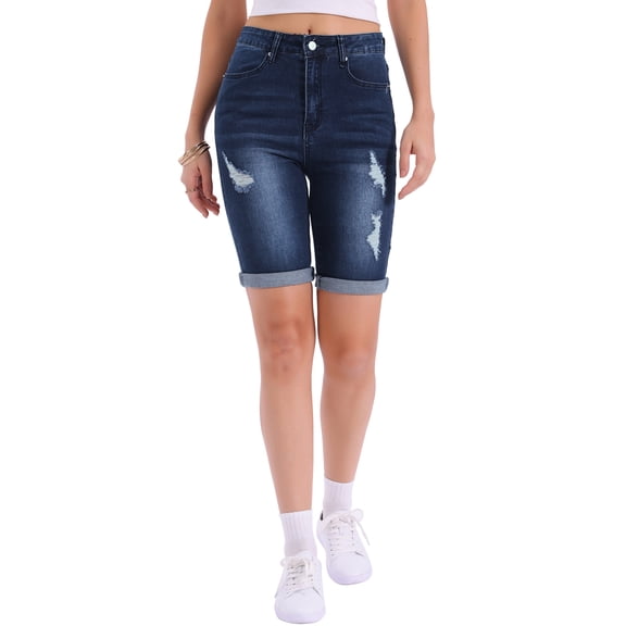 INSPIRE CHIC Capri Denim Pants for Women's Cuffed High Waist Ripped Distressed Jeans 2XL Dark Blue