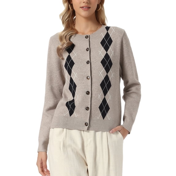 INSPIRE CHIC Cardigan Sweater for Women's Argyle Long Sleeve Crew Neck Open Front Button Down Casual Knit Cardigan XS Camel