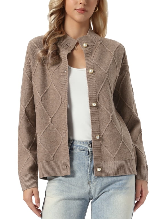Women's Cardigan Sweater Mock Neck Long Sleeve Argyle Cable Button Front Knit Coat Brown L