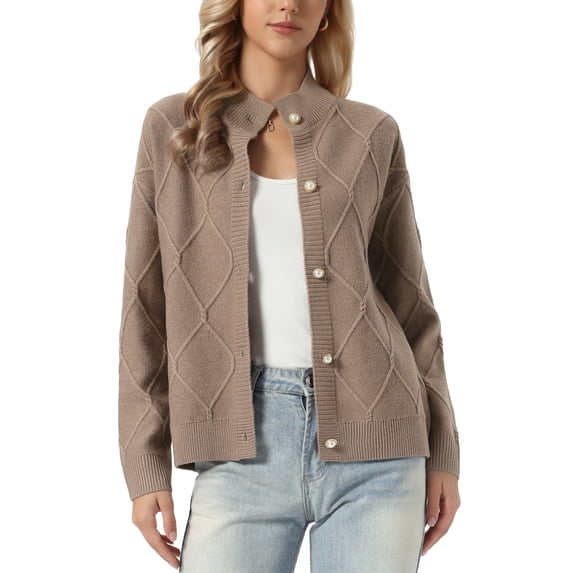 INSPIRE CHIC Women's Cardigan Sweater Mock Neck Long Sleeve Argyle Cable Button Front Knit Coat Brown XS