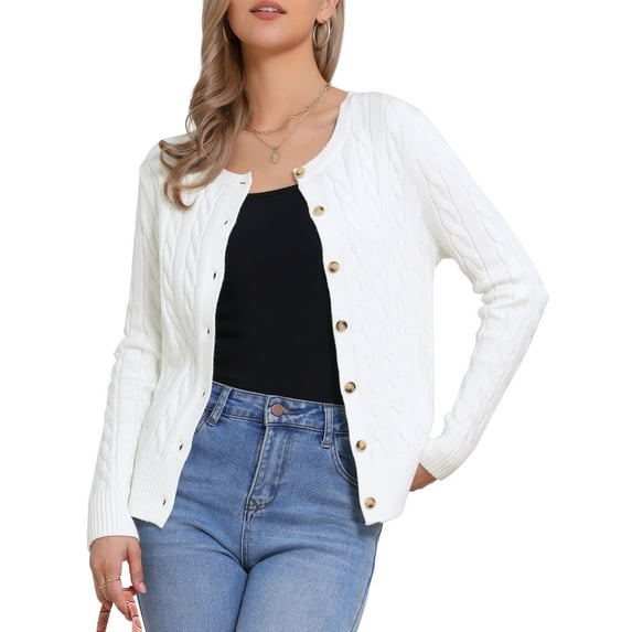 INSPIRE CHIC Cardigan Sweater for Women's Crew Neck Button Down Long Sleeve Casual Knit Tops XS White