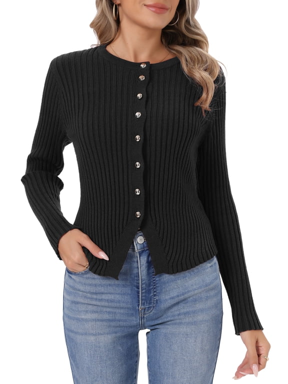 Cardigan Sweater for Women's Long Sleeve Button Down Casual Cropped Ribbed Knit Cardigan L Black