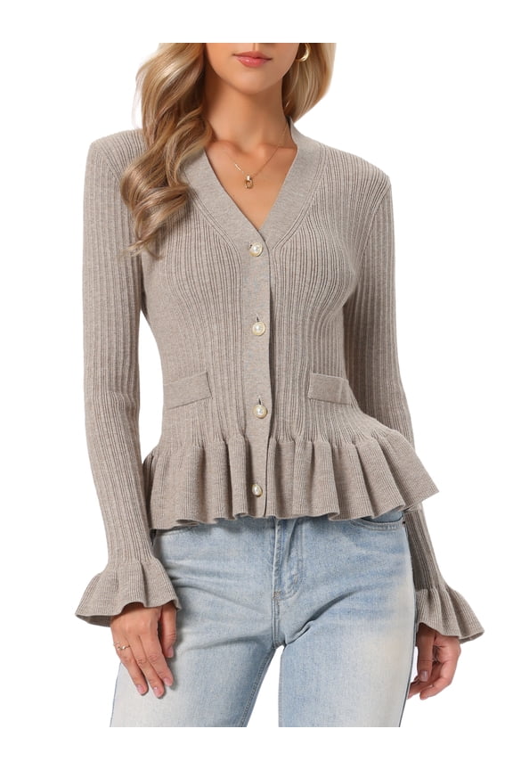 Cardigan Sweater for Women's V Neck Ruffle Hem Pleated Button Down Casual Long Sleeve Open Front Sweaters L Camel