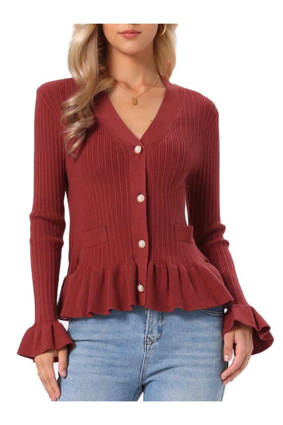 Cardigan Sweater for Women's V Neck Ruffle Hem Pleated Button Down Casual Long Sleeve Open Front Sweaters XS Red