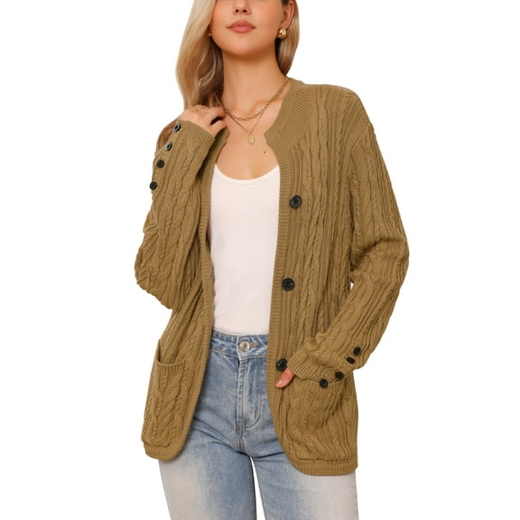 INSPIRE CHIC Cardigan Sweaters for Women's Open Front Button Down Long Sleeve Fall Casual Cable Knit Sweater with Pockets M Caramel