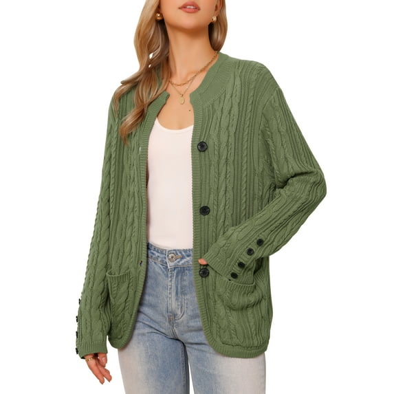 INSPIRE CHIC Cardigan Sweaters for Women's Open Front Button Down Long Sleeve Fall Casual Cable Knit Sweater with Pockets S Army Green