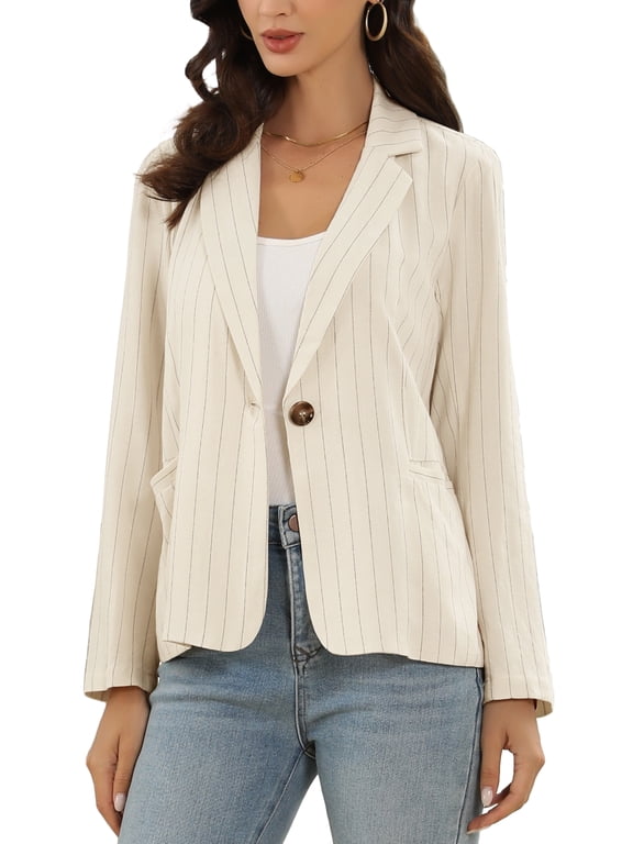 Casual Blazer for Women Stripe Notched Collar Single Button Office Blazers with Pockets XL Beige