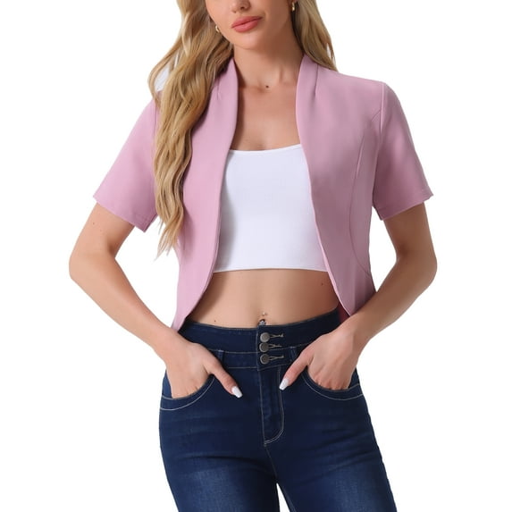 INSPIRE CHIC Women's Work Blazer Shawl Collarless Open Front Cropped Cardigan S Pink