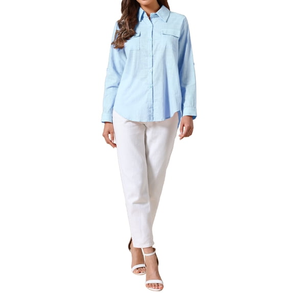 INSPIRE CHIC Casual Button Down Shirts for Women's Collared Rolled Long Sleeve Blouse 2XL Light Blue