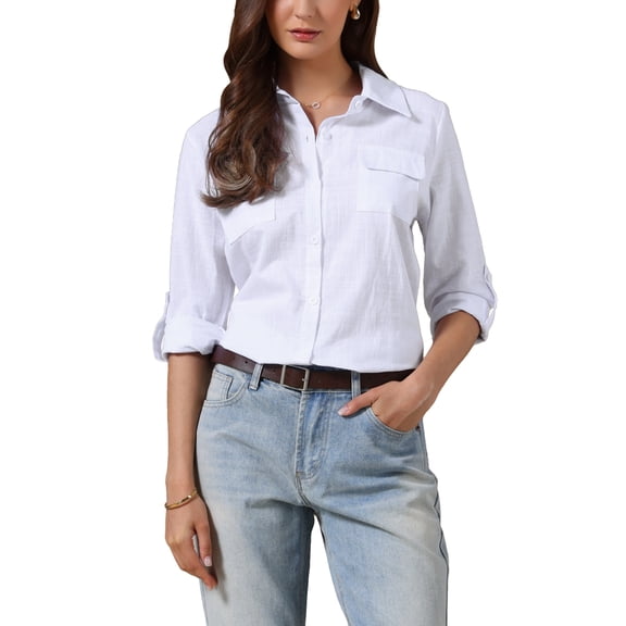 INSPIRE CHIC Casual Button Down Shirts for Women's Collared Rolled Long Sleeve Blouse XS White