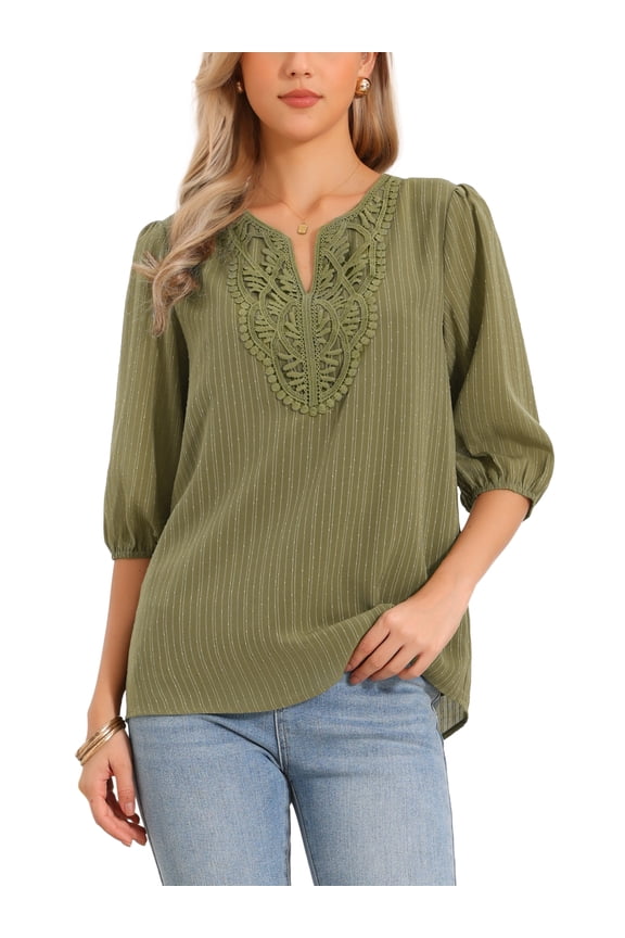 Casual Chiffon Blouses for Women's 3/4 Sleeve V Neck Puff Sleeves Embroidery Tunic Shirts M Army Green