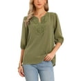 thumbnail image 1 of INSPIRE CHIC Casual Chiffon Blouses for Women's 3/4 Sleeve V Neck Puff Sleeves Embroidery Tunic Shirts XS Army Green, 1 of 6