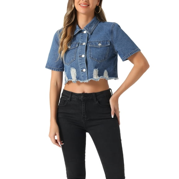 INSPIRE CHIC Casual Crop Jackets for Women's Collared Short Sleeve Frayed Jean Denim Jacket L Sky Blue