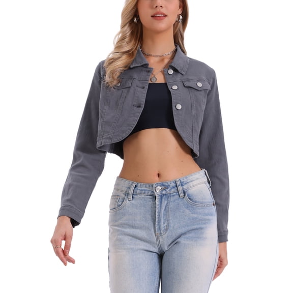 INSPIRE CHIC Casual Denim Jacket for Women's Collared Button Down Long Sleeve Crop Jean Jackets M Grey