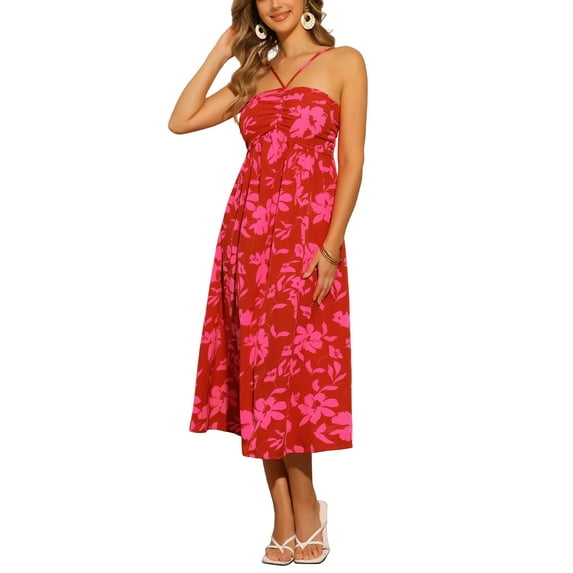 INSPIRE CHIC Casual Floral Dress for Women's Smocked Sleeveless Beach Midi Dresses XS Red