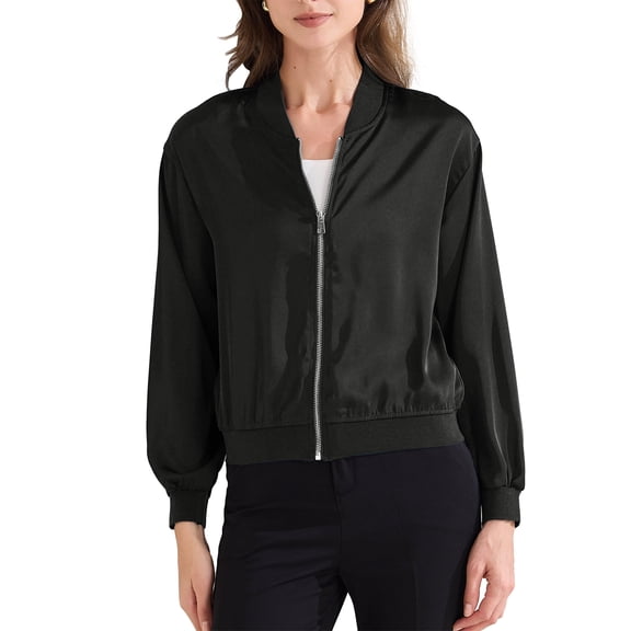 REFINED ATTIRE Casual Jacket for Women Zip Up Coat Long Sleeve Outerwear Lightweight Top M Black