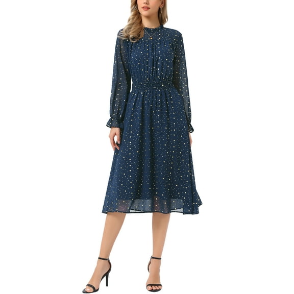 INSPIRE CHIC Casual Metallic Stars Midi Dresses for Women Smocked Waist Sheer Sleeve Party Dresses with Lining 2025 L Deep Blue