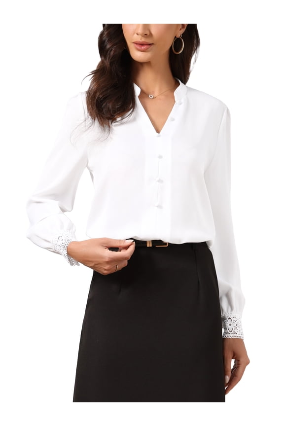 Casual Office Blouse for Women's Chiffon Stand Collar Split V Neck Long Sleeve Shirt M White
