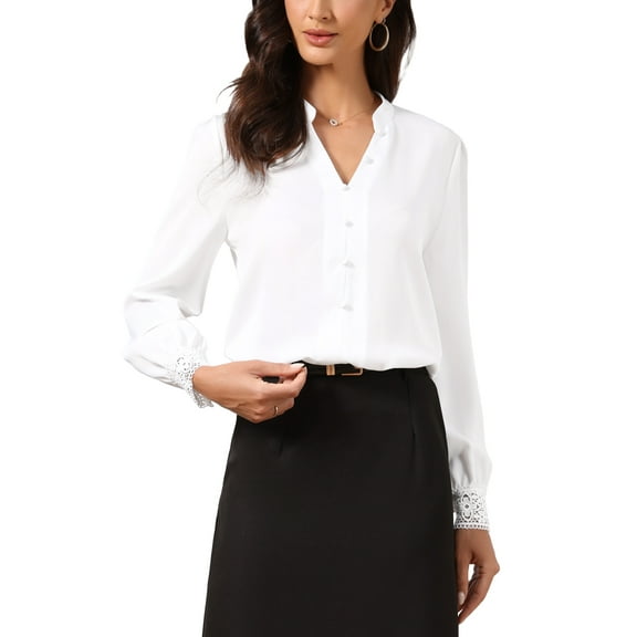 INSPIRE CHIC Casual Office Blouse for Women's Chiffon Stand Collar Split V Neck Long Sleeve Shirt S White