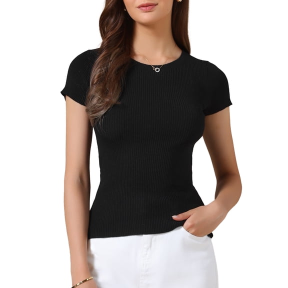 INSPIRE CHIC Casual Office Ribbed T-shirt for Women's Slim Fit Short Sleeves Summer Tee Tops M Black
