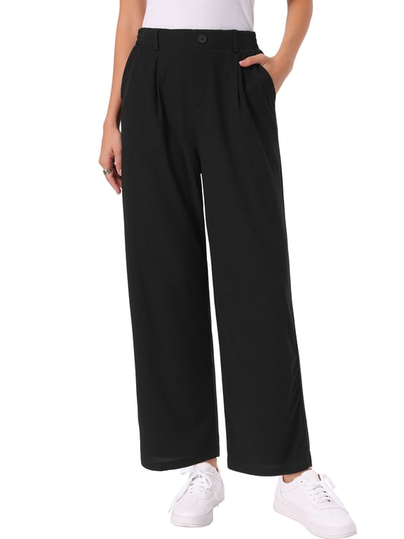 Casual Pants for Women's Elastic Waist Trousers Straight Leg Button Decor Wide Leg Slacks Pants XL Black
