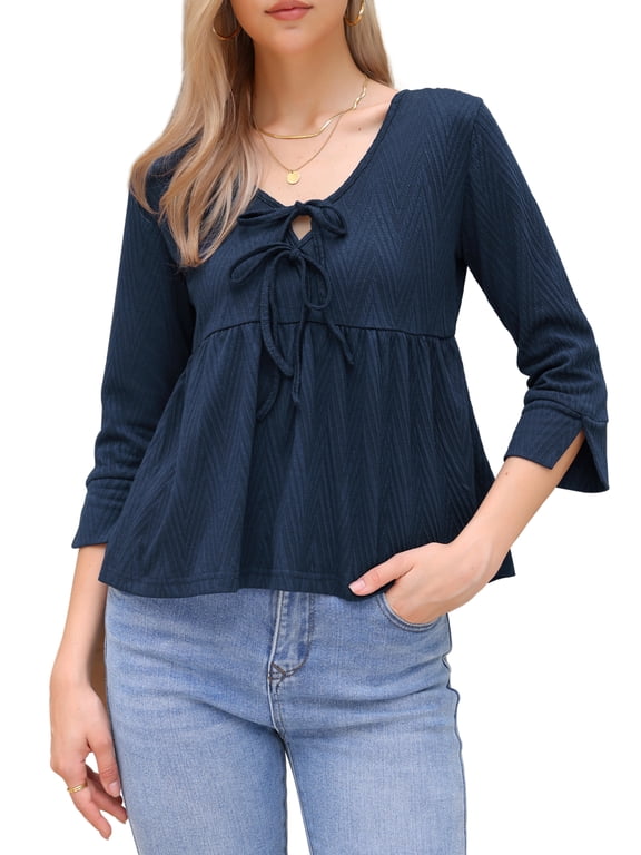 Casual Peplum Top for Women's 3/4 Sleeve Tie V Neck Ruffle Hem Summer Blouse L Dark Blue