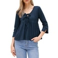 thumbnail image 1 of INSPIRE CHIC Casual Peplum Top for Women's 3/4 Sleeve Tie V Neck Ruffle Hem Summer Blouse XS Dark Blue, 1 of 6