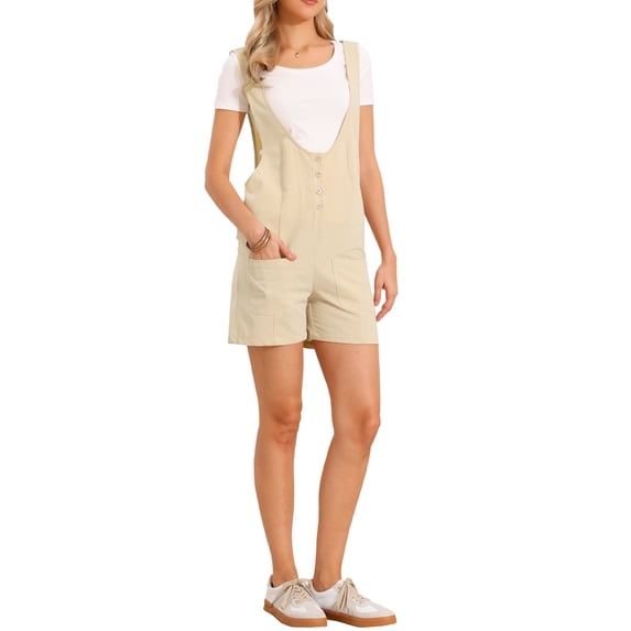 INSPIRE CHIC Casual Rompers for Women Summer Sleeveless Overalls Spaghetti Strap Lightweight Button Up Shorts Jumpsuit XS Khaki