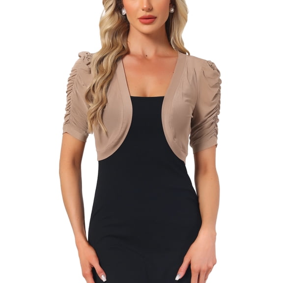 INSPIRE CHIC Casual Short Sleeve Mesh Sheer Shrug for Women's Open Front Cropped Cardiga Bolero S Camel