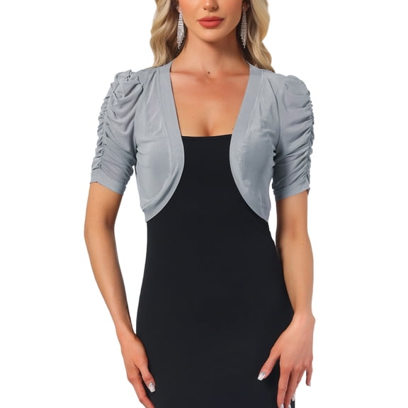 INSPIRE CHIC Casual Short Sleeve Mesh Sheer Shrug for Women's Open Front Cropped Cardiga Bolero XS Light Grey