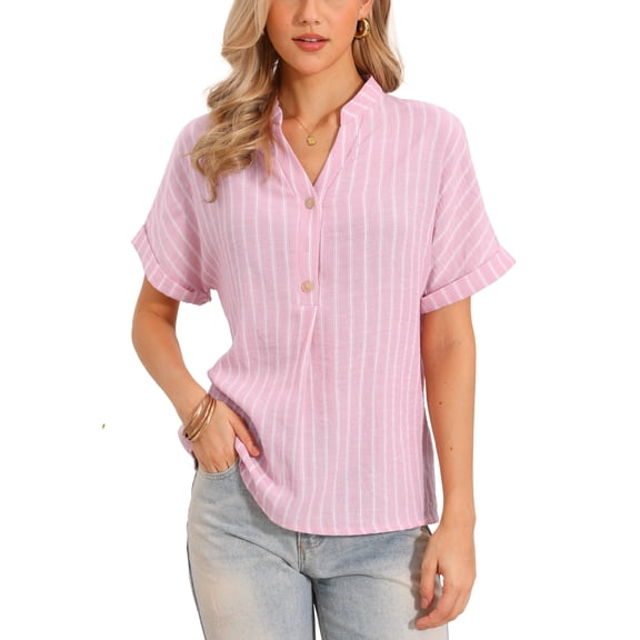 INSPIRE CHIC Casual Stripe Blouse for Women's V Neck Button Front Short Sleeve Top XS Light Pink