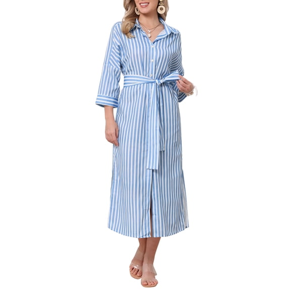 INSPIRE CHIC Casual Stripe Shirt Dress for Women's 3/4 Sleeve Button Down Split Belted Midi Shirtdress M Blue
