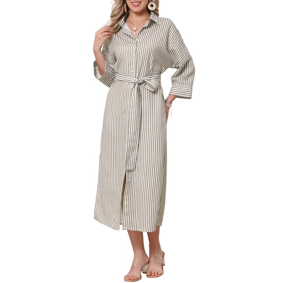 INSPIRE CHIC Casual Stripe Shirt Dress for Women's Half Sleeve Button Down Split Belted Midi Shirtdress M Khaki