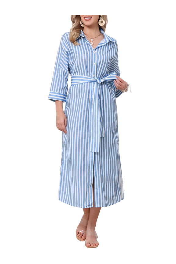 Casual Stripe Shirt Dress for Women's 3/4 Sleeve Button Down Split Belted Midi Shirtdress S Blue