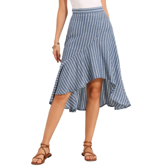 INSPIRE CHIC Casual Stripe Skirt for Women's Summer High Low Hem Ruffles A-Line Midi Skirts XL Light Blue