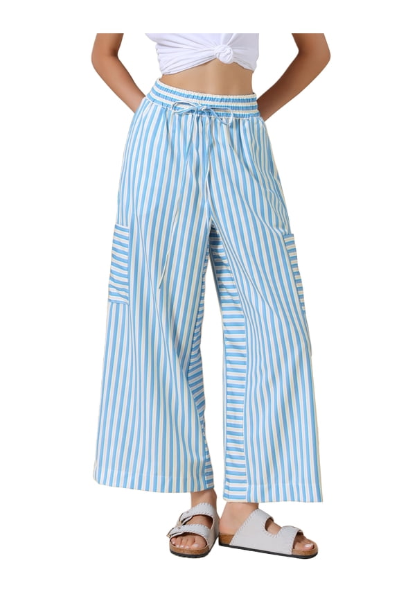 Casual Striped Pants for Women's Wide Legs Elastic Waist Drawstring Palazzo Lounge Pants XL Light Blue