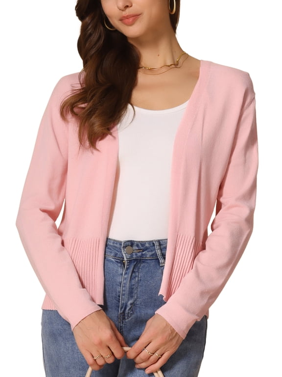 Casual Sweater Cardigan for Women's Open Front Long Sleeve Peplum Knit Outwear XS Pink