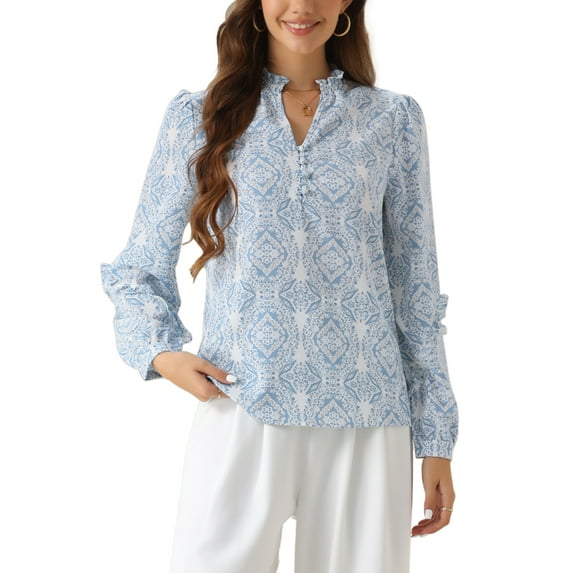 INSPIRE CHIC Casual V Neck Blouse for Women's Long Sleeve Print Boho Blouses Top XS Blue