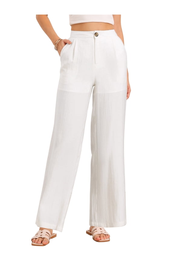 Casual Wide Leg Pants for Women's Elastic High Waist One Button Lightwieght Pants Trousers with Pockets L White