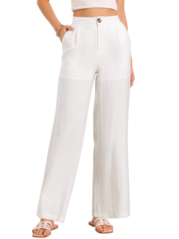 Casual Wide Leg Pants for Women's Elastic High Waist One Button Lightwieght Pants Trousers with Pockets L White