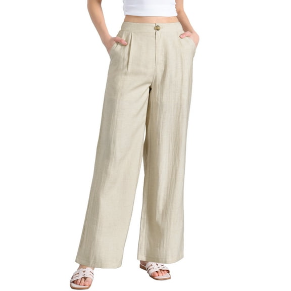 INSPIRE CHIC Casual Wide Leg Pants for Women's Elastic High Waist One Button Lightwieght Pants Trousers with Pockets M Beige