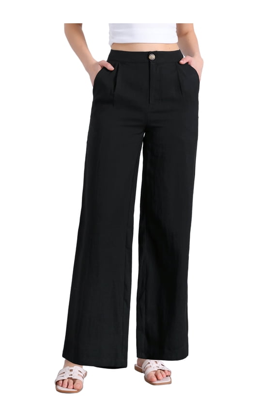 Casual Wide Leg Pants for Women's Elastic High Waist One Button Lightwieght Pants Trousers with Pockets S Black