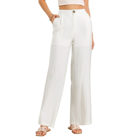INSPIRE CHIC Casual Wide Leg Pants for Women's Elastic High Waist One Button Lightwieght Pants Trousers with Pockets XL White