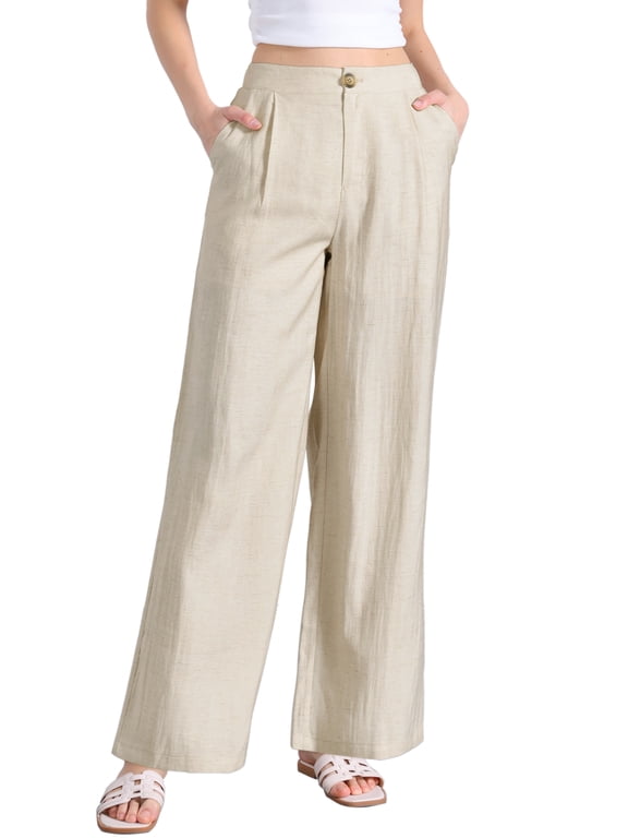 Casual Wide Leg Pants for Women's Elastic High Waist One Button Lightwieght Pants Trousers with Pockets XS Beige