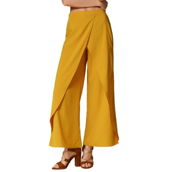 INSPIRE CHIC Casual Wide Legs Pants for Women's Elastic High Waist Split Side Loose Trousers S Yellow