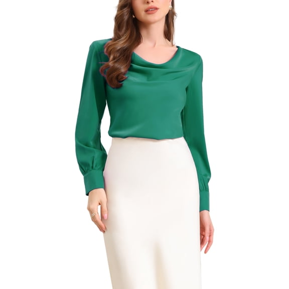 INSPIRE CHIC Casual Work Shirt for Women's Cowl Neck Office Fall Trendy Shirts Blouses XS Dark Green